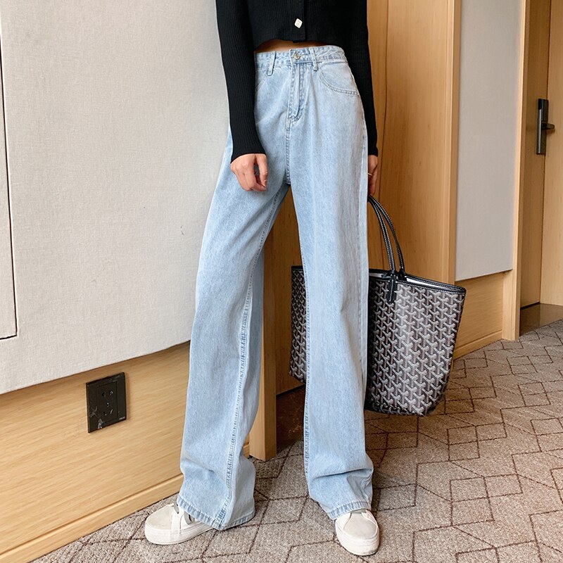 Grande taille 4XL femme jean déchiré taille haute été trou jambe large Denim pantalon femmes pantalon décontracté bleu jean: Bleu ciel / M