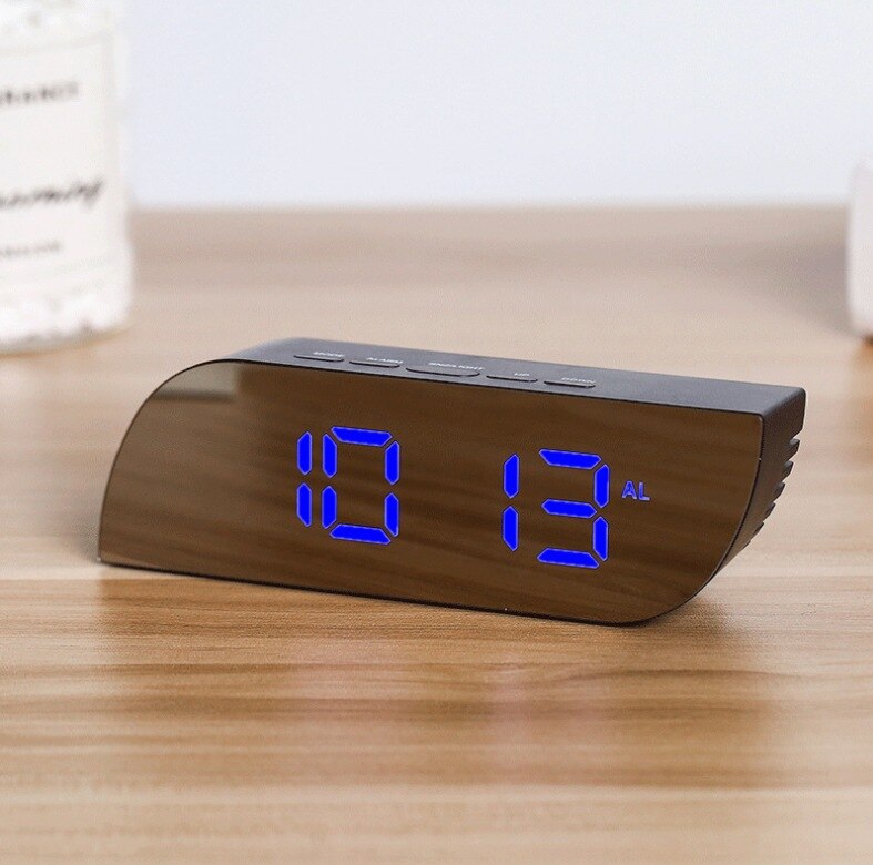 LED Digital Electronic Desktop Clock Snooze Mirror Alarm Clock Time Temperature Display Home Decorations: blue  black case