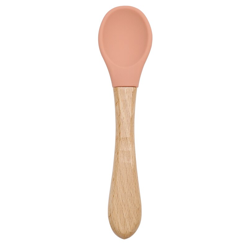 Cuchara de manija de madera silicona para alimentación de niños, utensilios para comer comida sólida, entrenamiento, capacidad de manipulación, vajilla