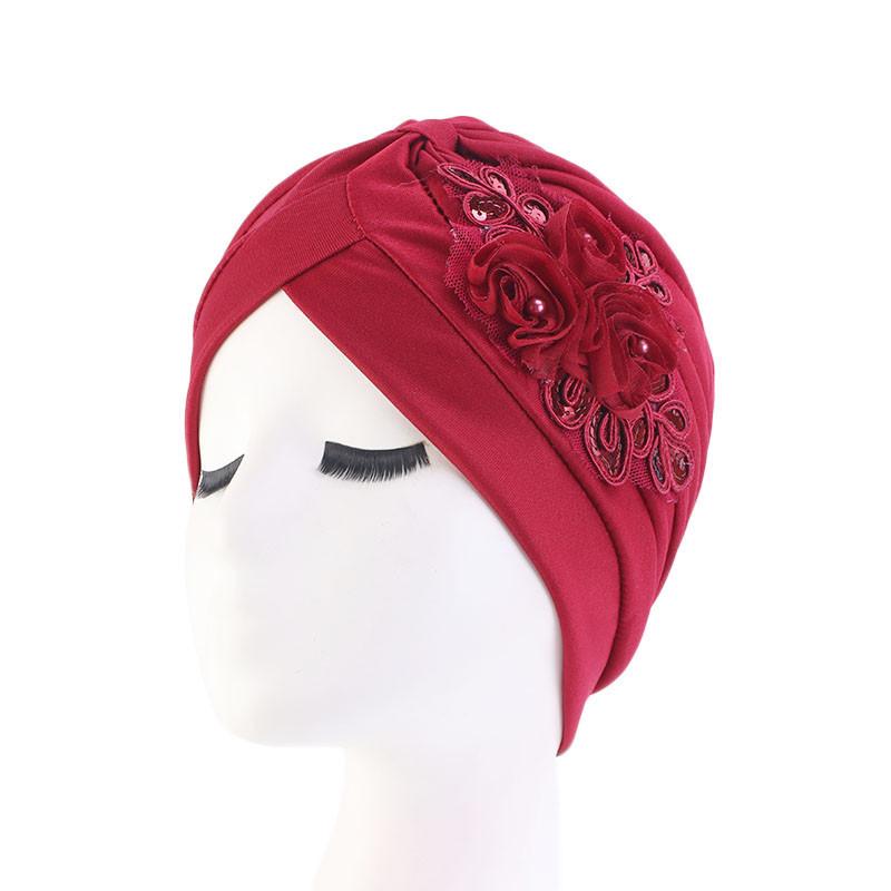 Women India Hat Women Muslim Islamic Elastic Pleated Turban Head Scarf Flower Beanie Hat Hair Loss Headwear Chemo Caps: Wine Red