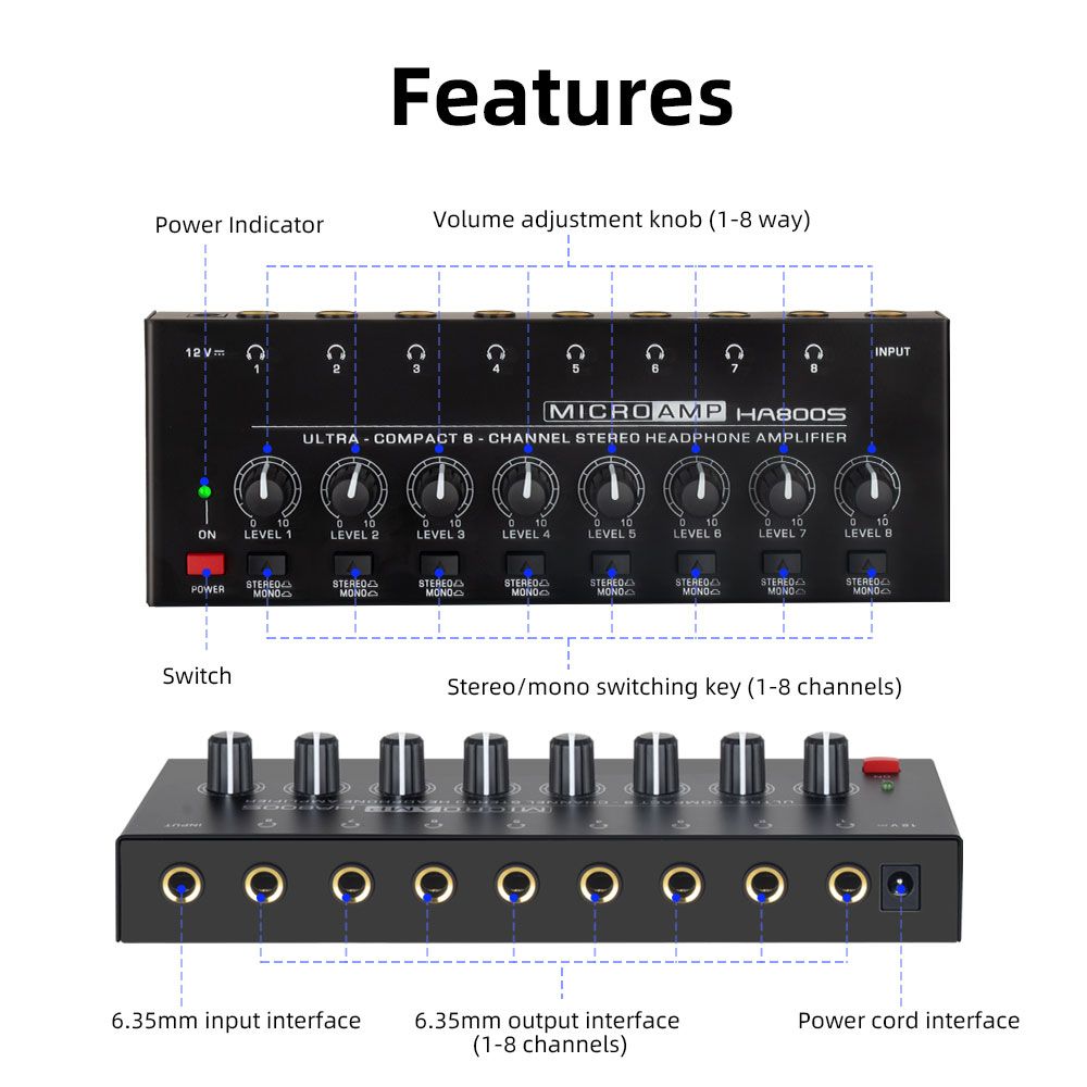Amplificatore per cuffie stereo a 8 canali con adattatore di alimentazione Amplificatore Audio divisore per auricolari portatile a bassissimo rumore
