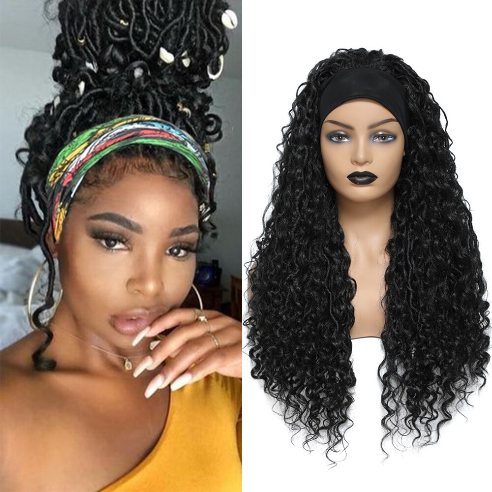 Ombre Brown Headband Synthetic Braided Wigs For Black Women 24 Inch Natural Glueless Hair Wig SOKU Faux Locs Crochet Curly Hair: #1B