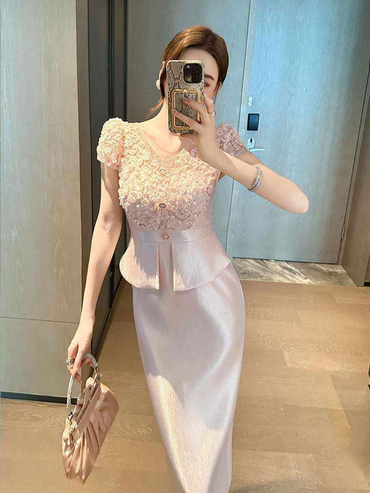 Formel kjole dametøj sød chic blonder splejset satin korte ærmer flæser kåbe fest fødselsdag vestidos mujer