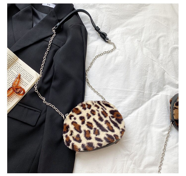 hiver sac axillaire paquet polaire femmes Mini doux court en peluche avec fermeture éclair petite femme sac à main de luxe dames: Leopard Apricot