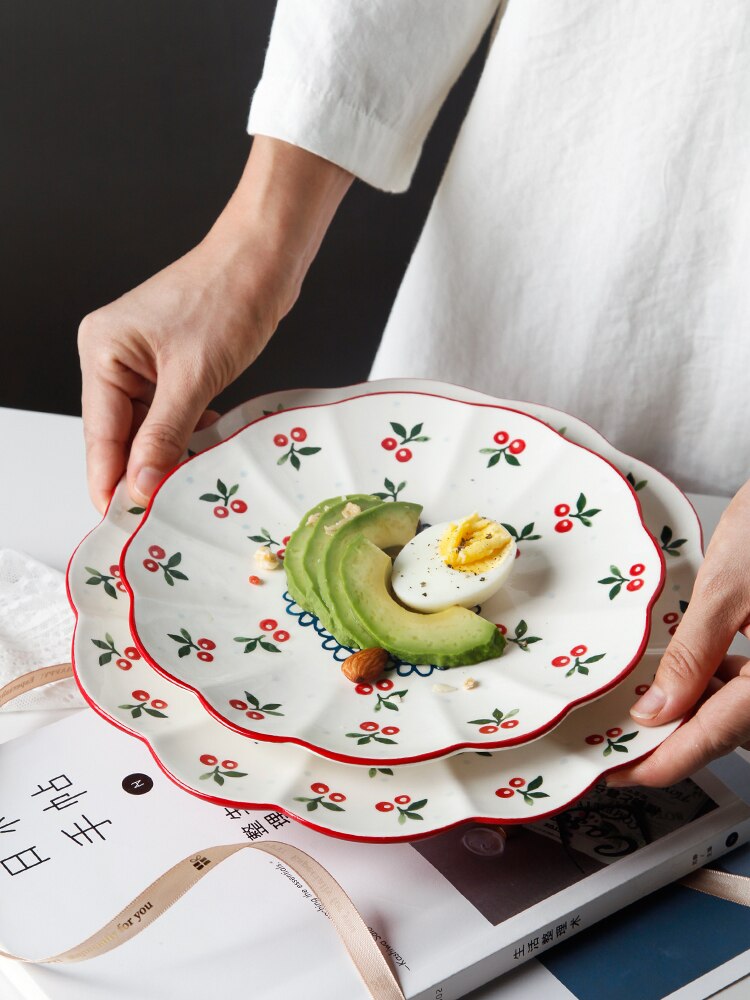 Hand painted cherry ceramic plate home lace dish plate pastoral style underglaze cute breakfast plate LB71706