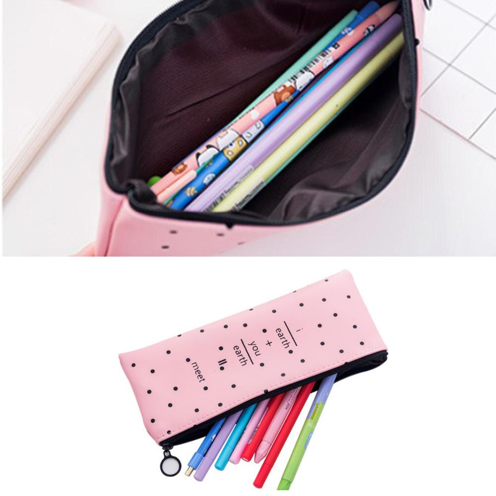 1pc schattige roze etui's voor meisjes, zwart-wit gestippeld, leren etui, etui, schrijfwaren organizer, schoolbenodigdheden voor kinderen