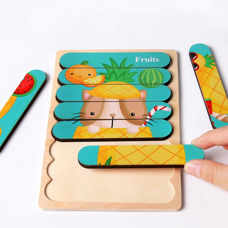 Children Cartoon Puzzle Baby Wooden Double-sided Jigsaw 3D Storytelling Stacking Puzzle Kid Educational Learning Toys