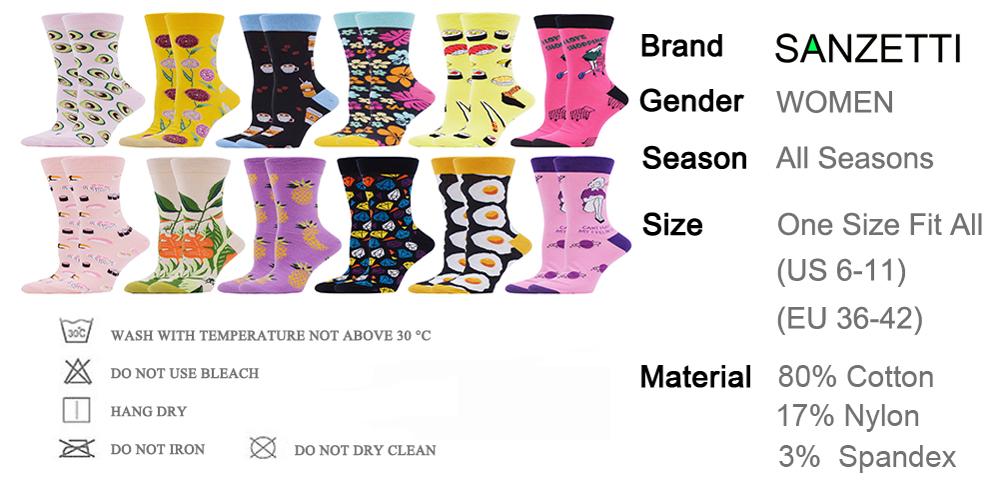 SANZETTI 12 Pairs Women Socks Combed Cotton Colorful Fun Happy Cute Sushi Flowers Pattern Wedding Dress Popular Socks