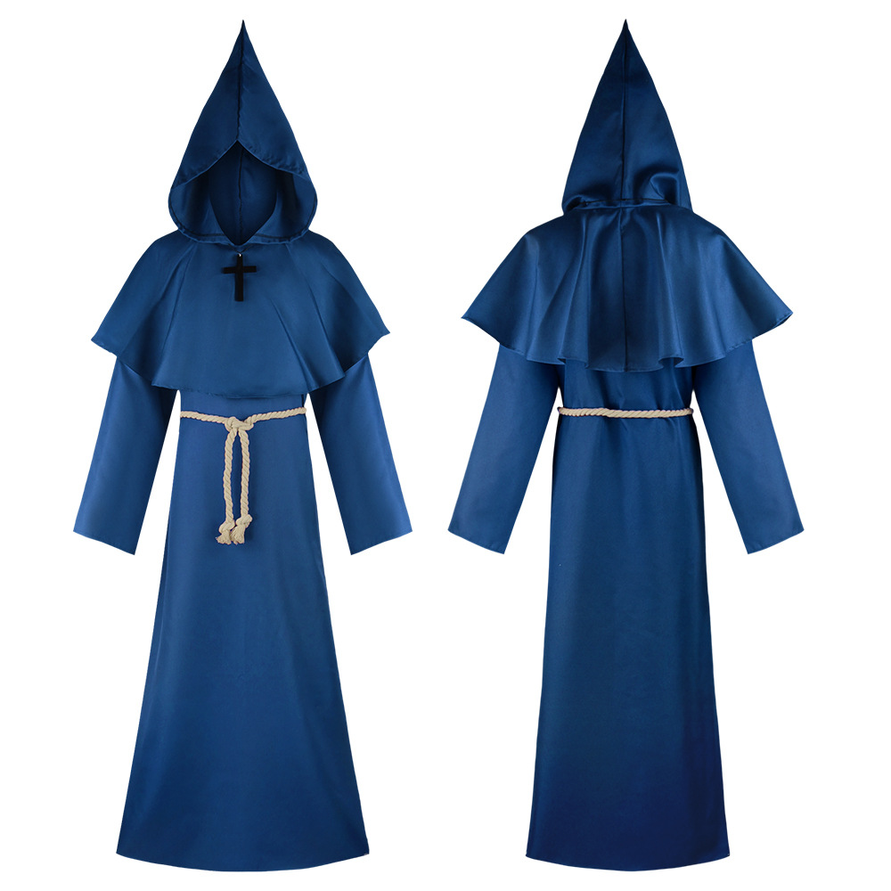 Fantasia de Halloween de Ceifador, Traje de Cinco Fantasmas, Túnica de Frade Medieval, Roupa de Monge, Fantasia de Bruxa e Sacerdote: XS (equipamento de primeiros socorros) / Azul
