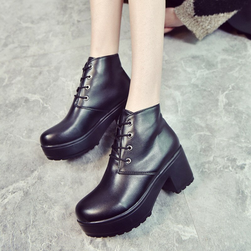 Black White Boots Heels 6CM PU leather Boots Women Platform Heels Ankle Boots for Women Chunky Heel Shoes Zapatos Plataforma
