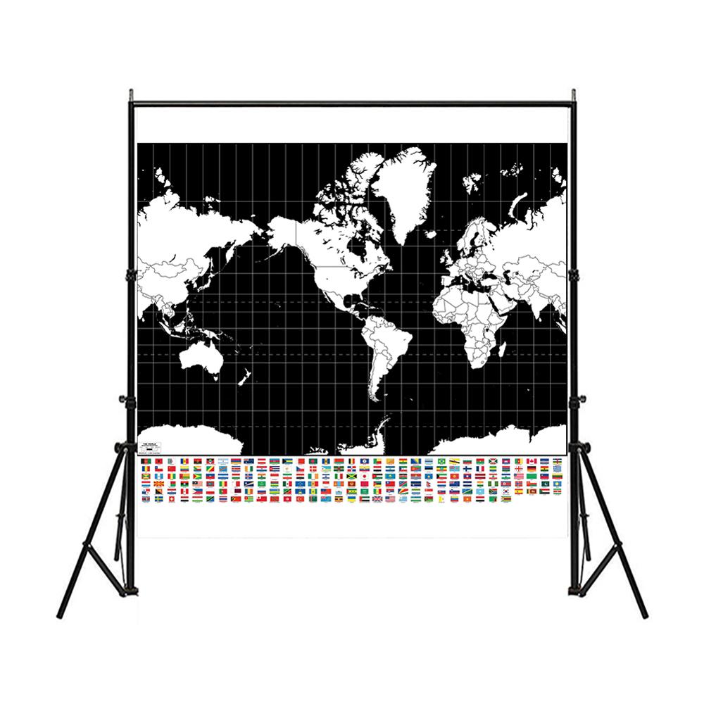 Sort og hvid plade verdenskort non-woven vandtæt inkjet kort 90 x 90cm