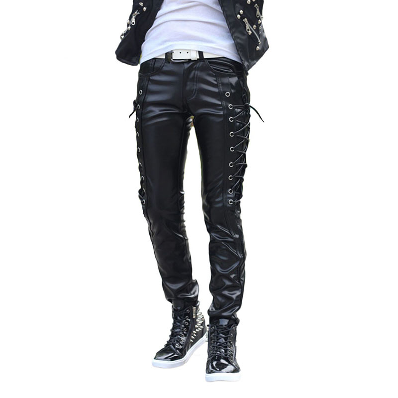 Idopy pantalones de cuero para hombre, estilo Punk, Skinny Lace Up Party puesta en escena Night Club Steampunk, pantalones ajustados de piel sintética de PU: 36