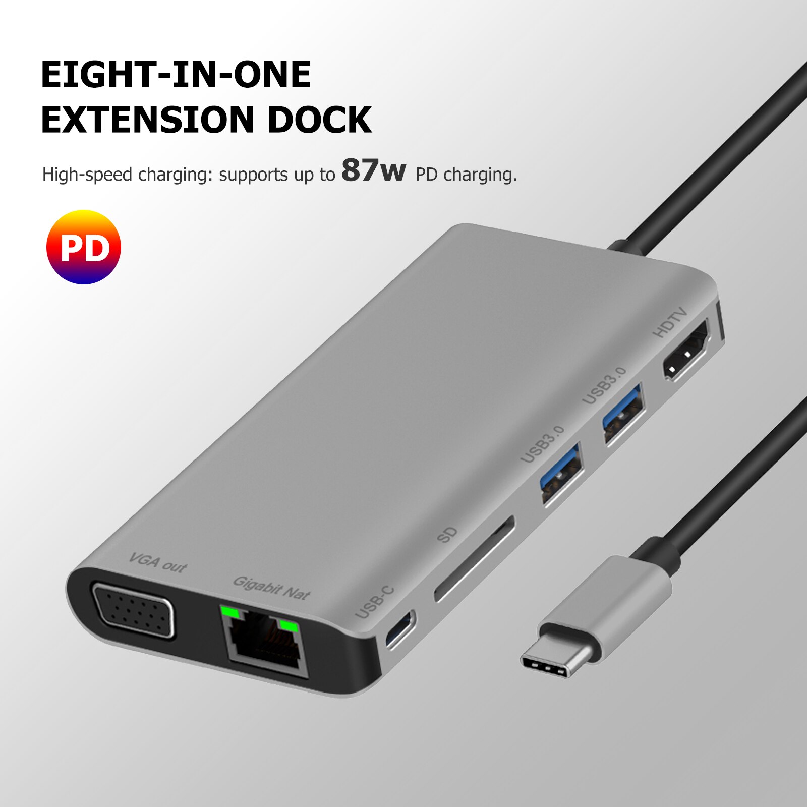 Notebook Smartphone Expansion Converter USB C Hub 8 in 1 4K Type C to HDMI-compatible VGA Ethernet 2 USB 3.0 PD Adapter Dongle