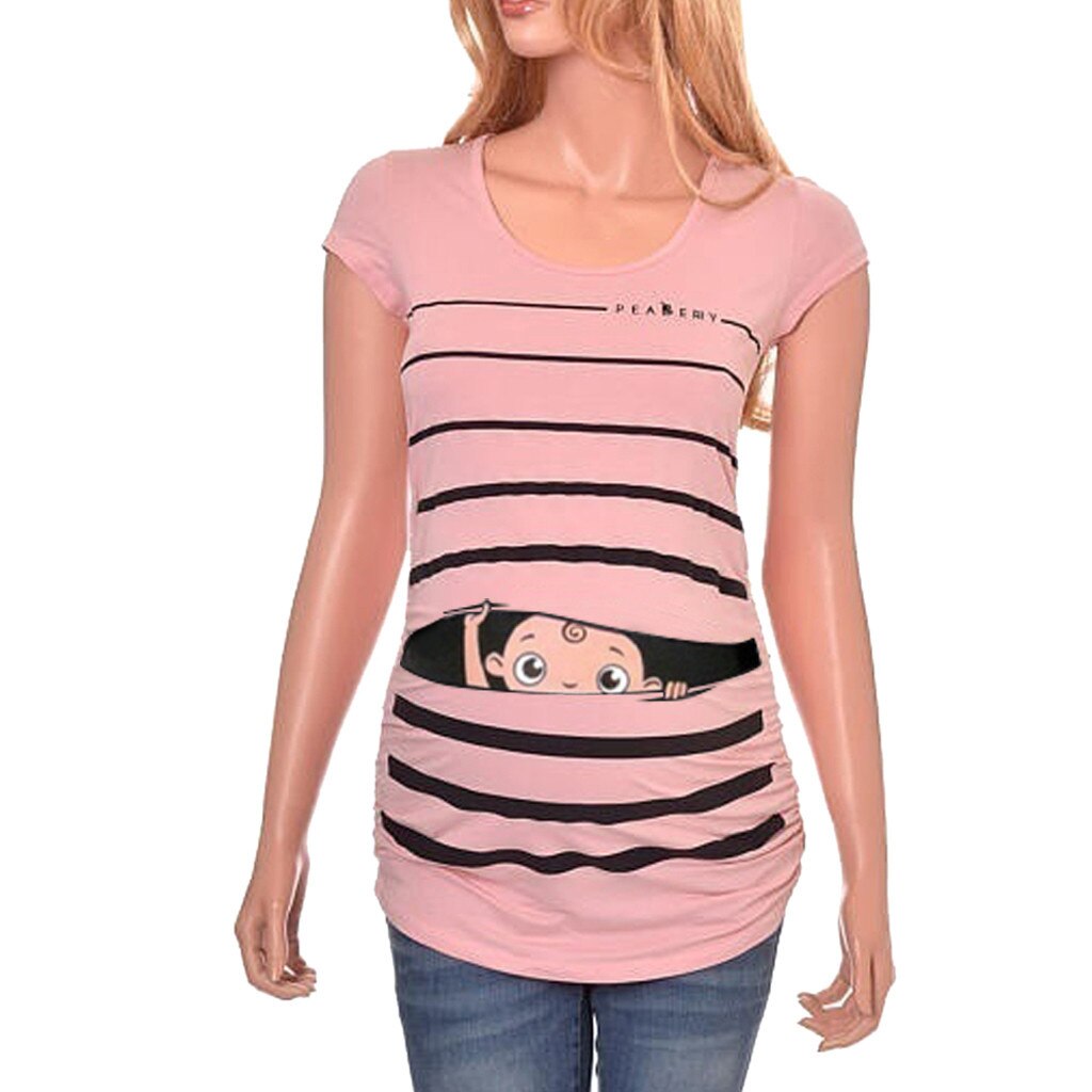 Ropa de maternidad lindo divertido impreso para bebé a rayas de manga corta Camiseta de embarazo Top para embarazadas ropa de lactancia: Rosa / M