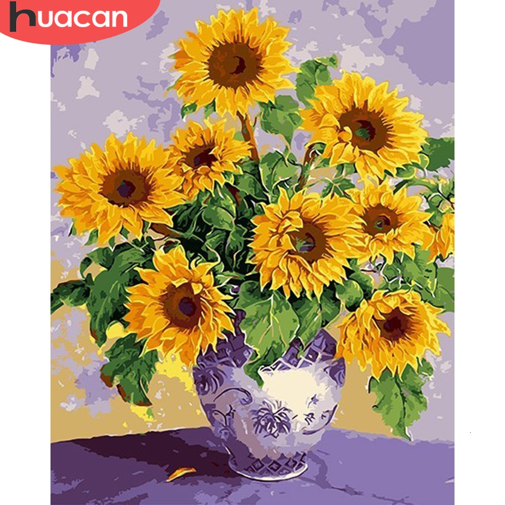 HUACAN, pinturas DIY por números, girasoles pintados a mano, Kits de dibujo, lienzo, pintura al óleo, de decoración del hogar