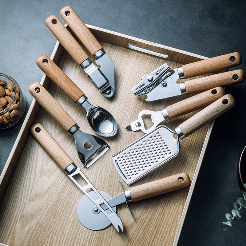 Stainless Steel Kitchen Gadget Set with Wood Handle Multifunctional Kitchen Tools Peeler Can Opener Whisk Garlic Press Cutter