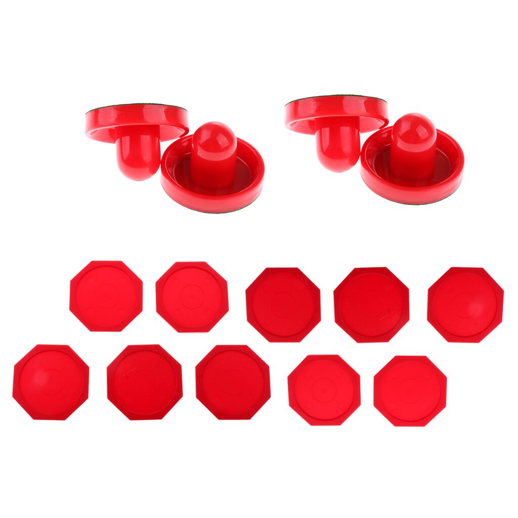 4 Pieces Air Hockey Felt Pushers Paddles + 10 Pieces Octagon Pucks Red