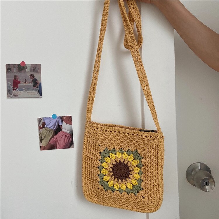 Zomer Zonnebloem Kleine Messenger Bag Hollow Geweven Gebreide Schouder Crossbody Zakken Voor Meisjes Mini Katoenen Doek Handtas: 03