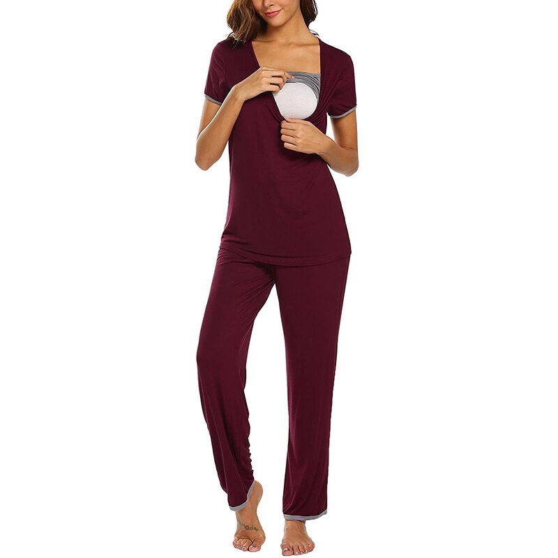 Maternité soins infirmiers vêtements de nuit pour les femmes enceintes décontracté solide allaitement pyjamas ensemble maternité maison vêtements grossesse hauts + pantalons: Rouge / XXL
