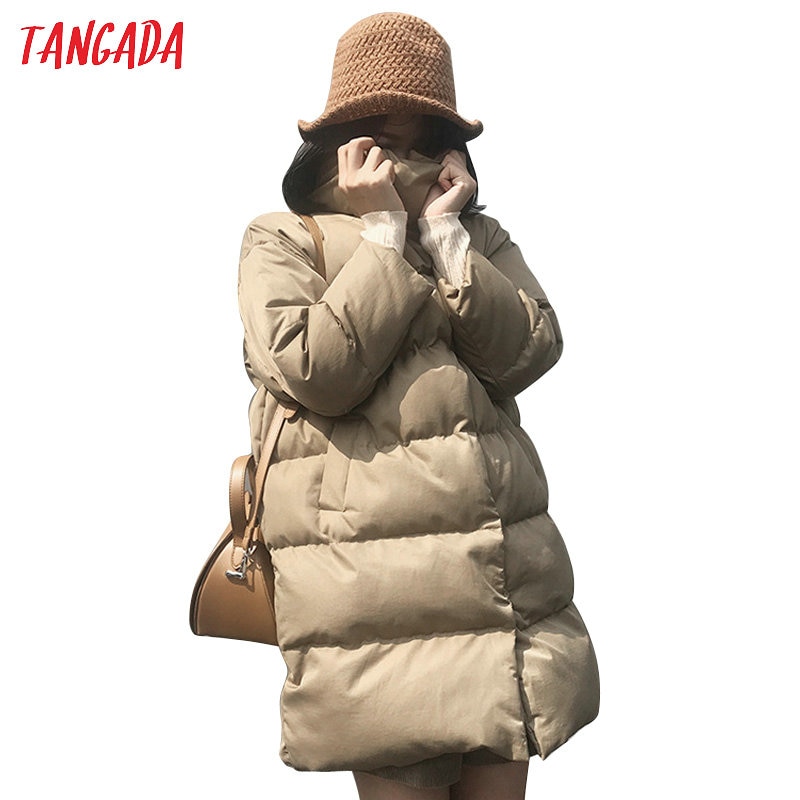 Tangada Vrouwen Solid Oversize Lange Parka Dikke Lange Mouw Knoppen Zakken Vrouwelijke Warme Winterjas Koreaanse Mode ATC02