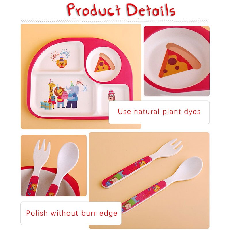 Baby Bamboe Voerbak Bpa Gratis Gerechten Vork Lepel Cup 5Pcs Serviesje Fad Kinderen Servies Kids Scheiding Voeden plaat