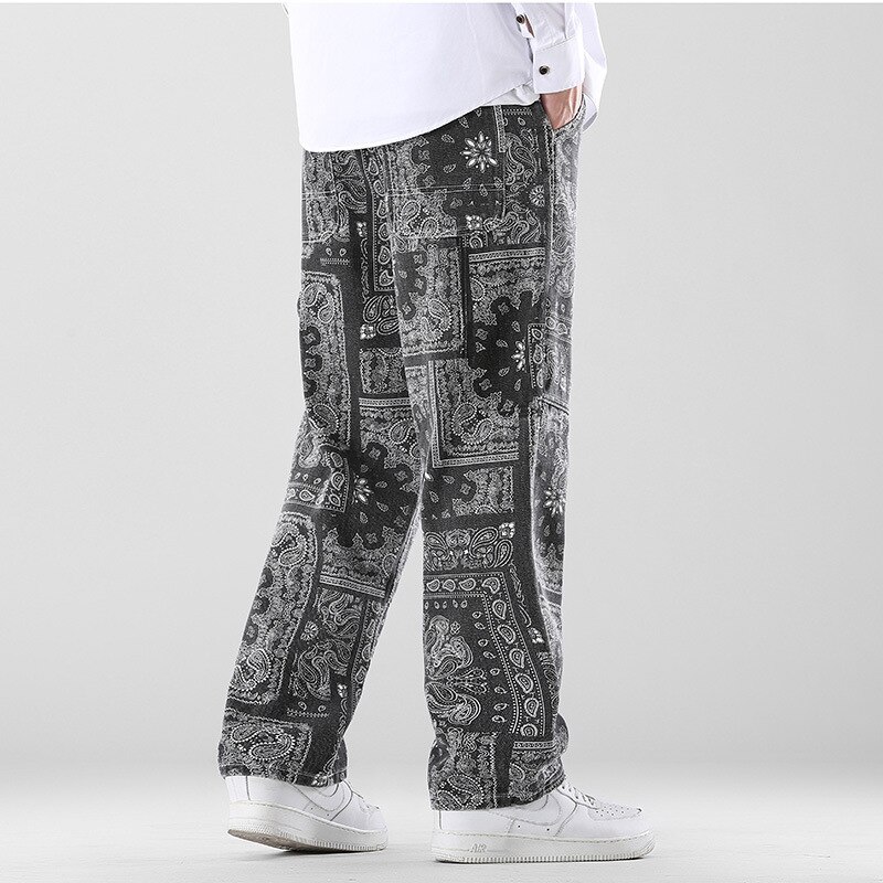 Bandana Jeans retrò uomo pantaloni larghi dritti larghi in Denim pantaloni da Skateboard Vintage Oversize High Street Hiphop Street Wear