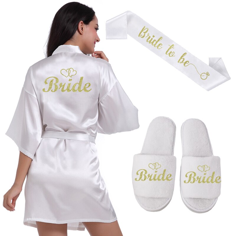 Goud Schrijven Bridal Wedding Gewaden Sets Bruid Bruidsmeisje Bruidsmeisje Vrouwen Party Robe Bridal Party Krijgen Klaar Gewaden: M