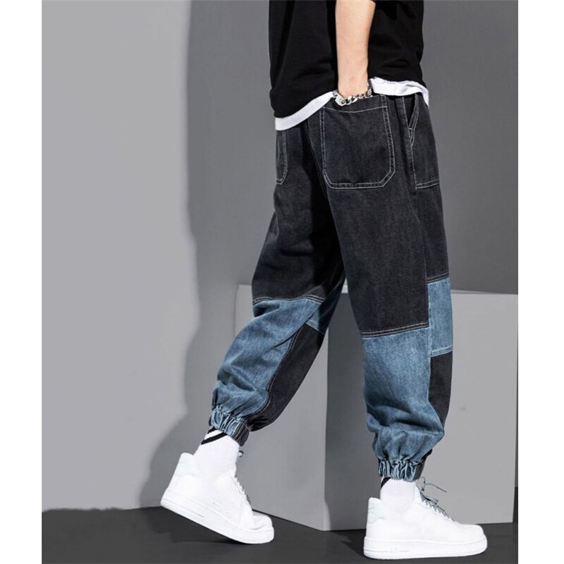 Pantalones Cargo de estilo Hip-Hop para hombre, Vaqueros holgados de cintura elástica, Jeans de retales lavados, ropa de calle de ocio para hombres,