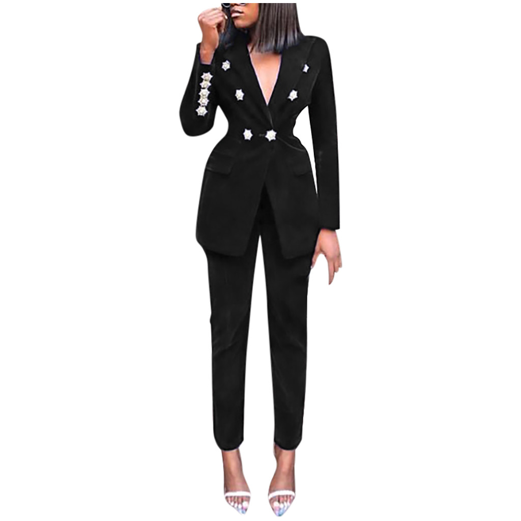 2pcs Women's Suit V-neck Solid Color Long-sleeved Trousers Suit Button Women Suits & Sets Office Ladies Wear G3: Black / S