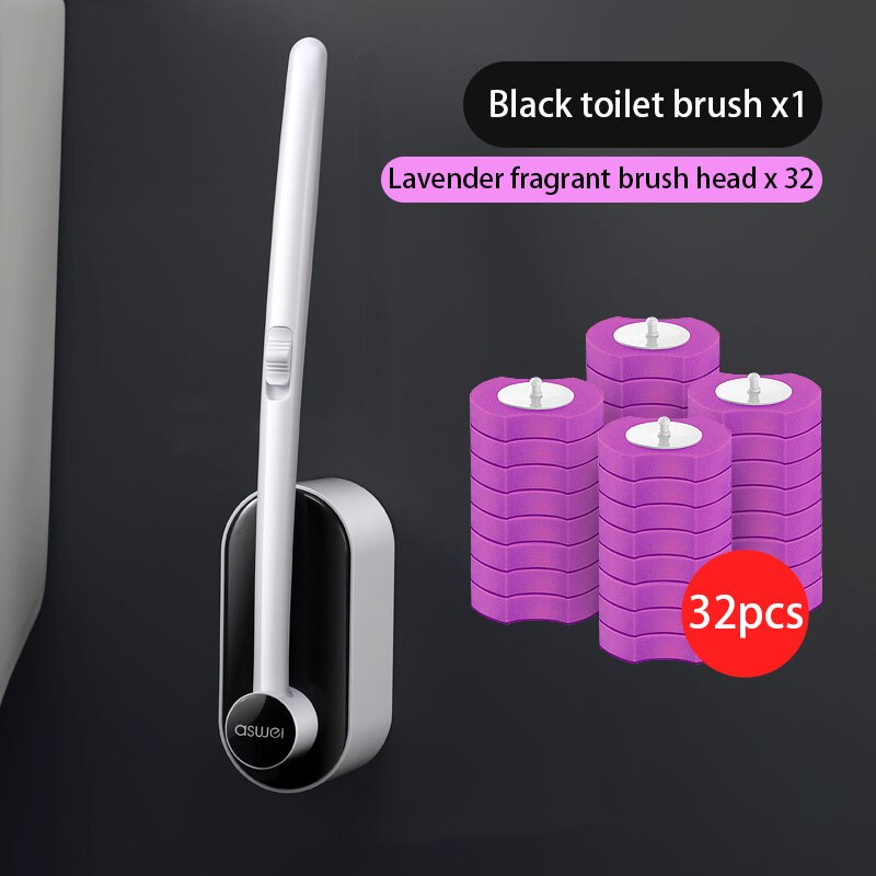 Escobilla para inodoro desechable, herramientas de limpieza sin ángulo muerto, cepillo limpiador de mango largo para el hogar, accesorios de baño para inodoro: 32pcs Lavender Black