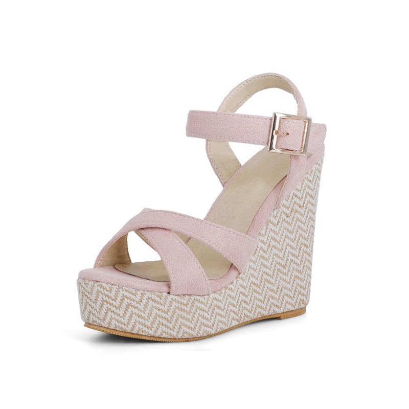 REAVE CAT Summer Slingbacks Open Toe Stretch Fabric Buckle Cross Strap 12.5cm Wedge Sandal With Platform Size 30-48 Hemp: Pink / 33