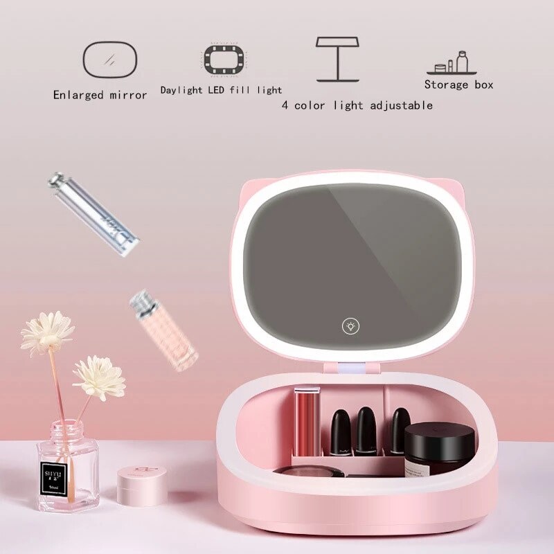 Cute Cat Ears LED Light Makeup Storage Box&amp;mirror Organizer Dormitory Table Fill Lamp Lipstick Hold Valentine's Day