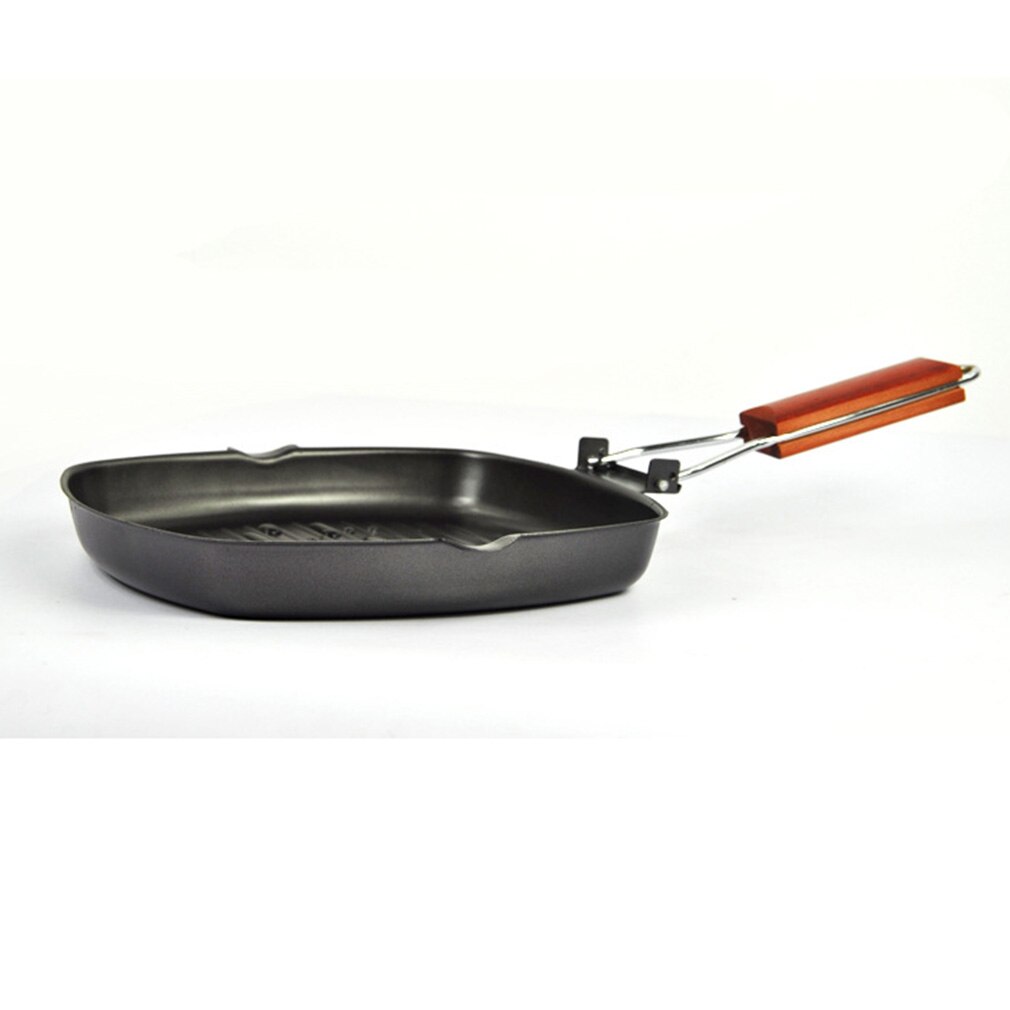 Cast Iron Steak Grill Pans Non-Stick Frying Pan Wooden Handle Folding for Kitchen Fry Cooking Steak Pans Portable Square Grill