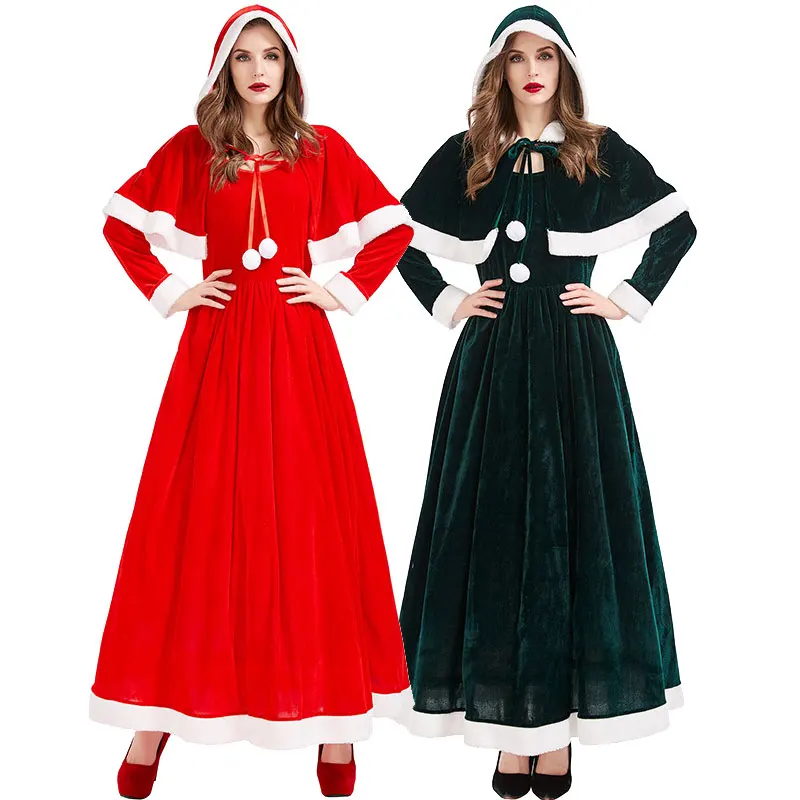 Christmas deluxe party red dress claus stage show performance costume christmas woman cape + long dress christmas season cosplay dress