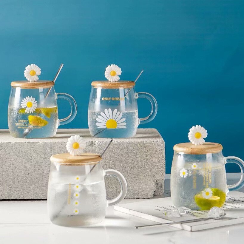 Cute Pastoral Style Glass Cups with Milk Breakfast Mug Office Flower Tea Cup Cold Drink Juice Mug