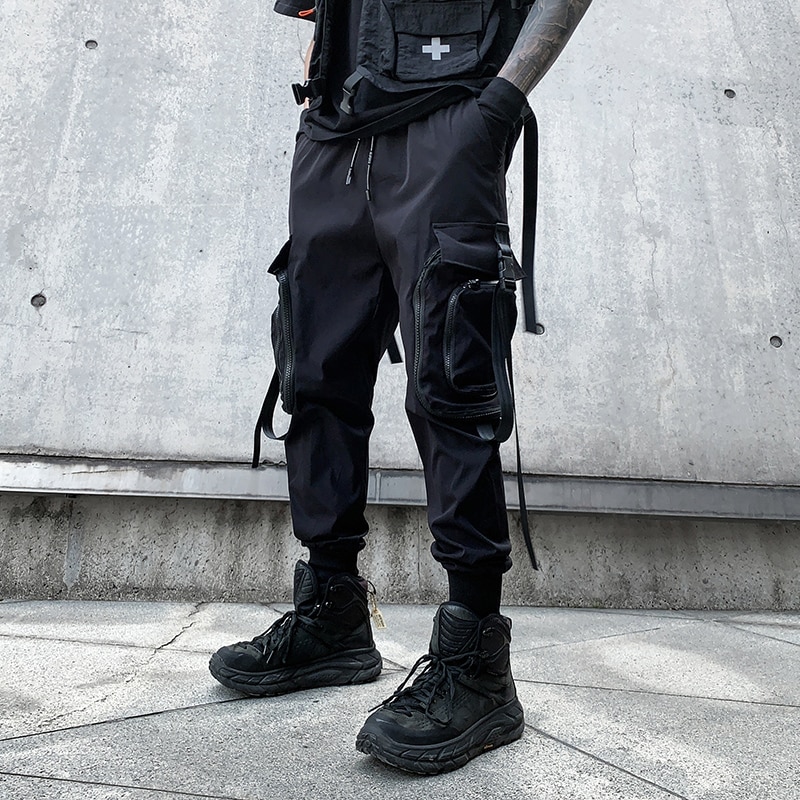 Zipper Big Pockets Ribbons Hip Hop Men's Harem Ripped Sweatpants Joggers Trousers Male Punk Full Length Pencil Pants