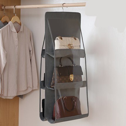 8 Pocket Folding Hanging Handbag Purse Storage Large Clear Holder Anti-dust Organizer Rack Hook Hanger: 6 Pocket Gray