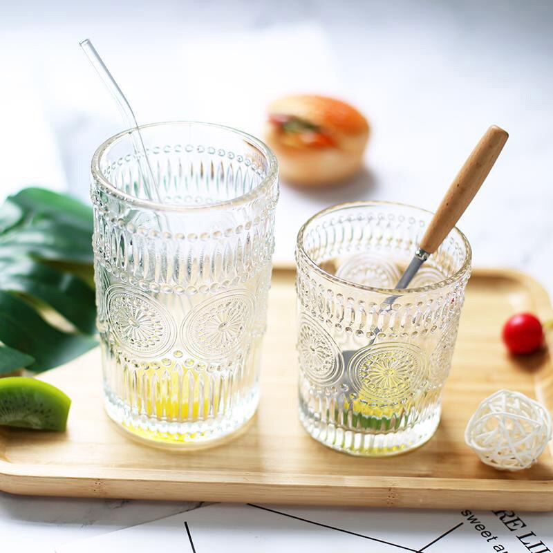 Tasse en verre Vintage nordique 260ml/380ml, verres à vin en relief, verre à lait, tasse à café pour boisson froide, tasses à eau transparentes