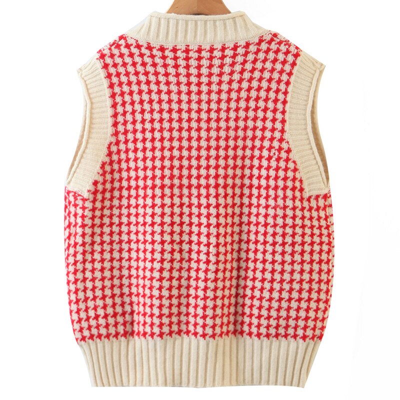 Novalya Preppy Style V Neck Sweaters Women Houndstooth Sweater Women Sleeveless Sweaters Female Ladies HT