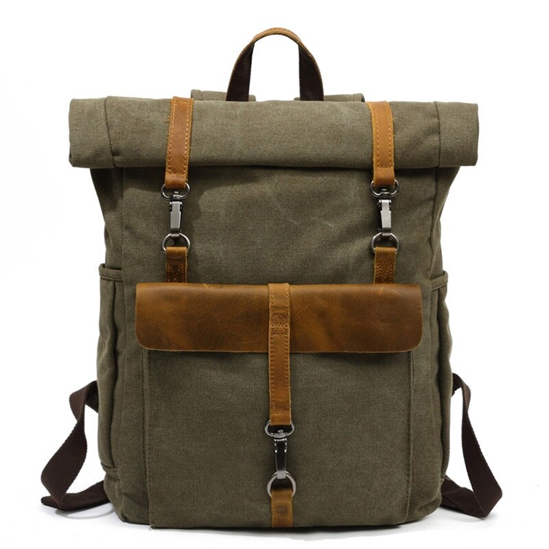 Canvas Leather Backpacks 16" Laptop Daypack for Traveling Teenager Back Pack Student Computer Rucksacks: Army green