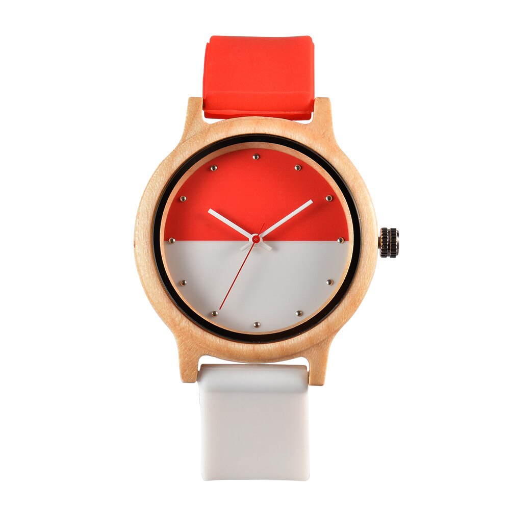 Criativo dois-cor costura relógio de madeira para homem feminino moda doce cor silicone relógio de pulso senhoras quartzo relojes hombre: red white