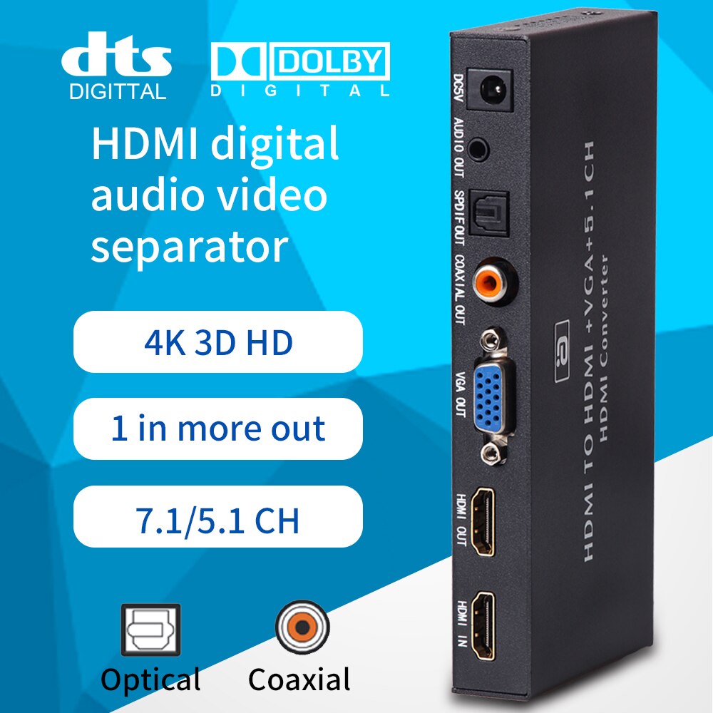 Extracteur Audio compatible HDMI vers convertisseur VGA 5.1CH Dolby AC3 DTS avec adaptateur optique SPIDF Coaxial Jack 3.5mm vga MHL HD320