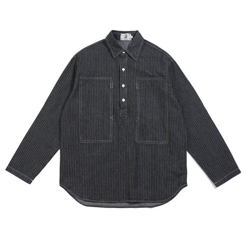 Lodrette striber sort denim skjorte mænd lange ærmer cargo skjorter herre vintage afslappet skjorte: L