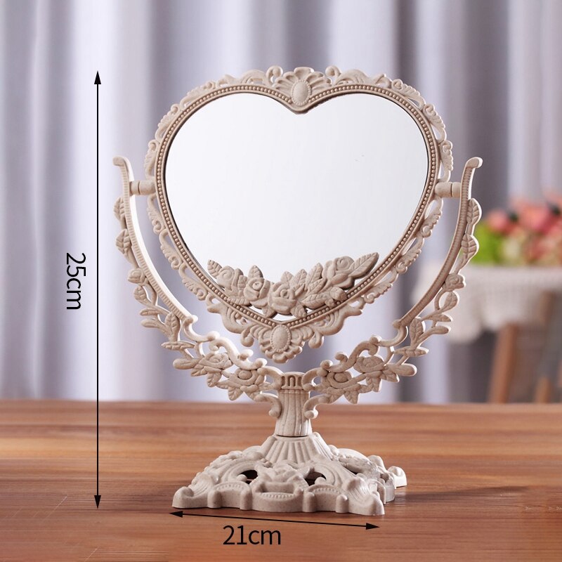 Double-sided Rotational Vanity Mirrors European Retro Makeup Mirror Dressing Table Decorations Home Ornaments Supplies: Heart-shaped
