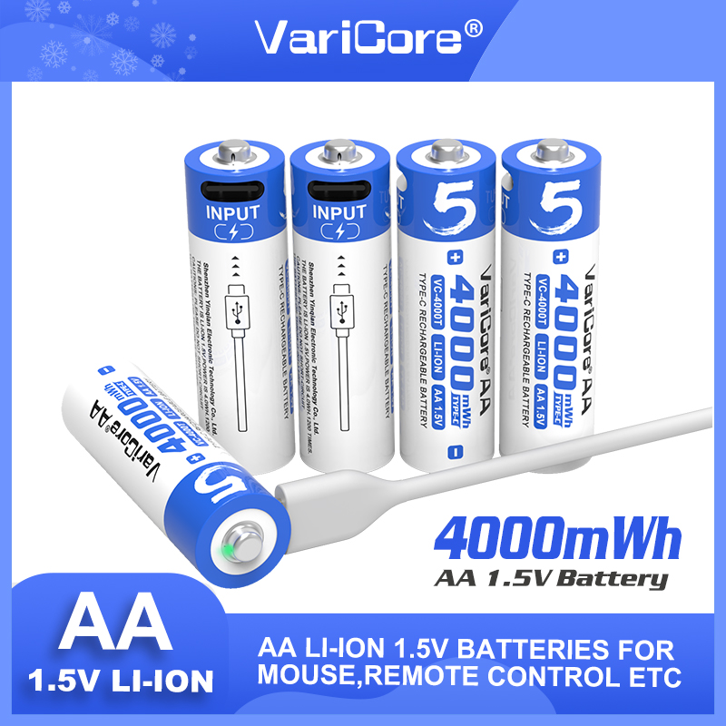 Varicore pilas recargables AA 1,5 V 4000 mWh batería de litio de gran capacidad tipo C carga rápida USB para ratón de juguete