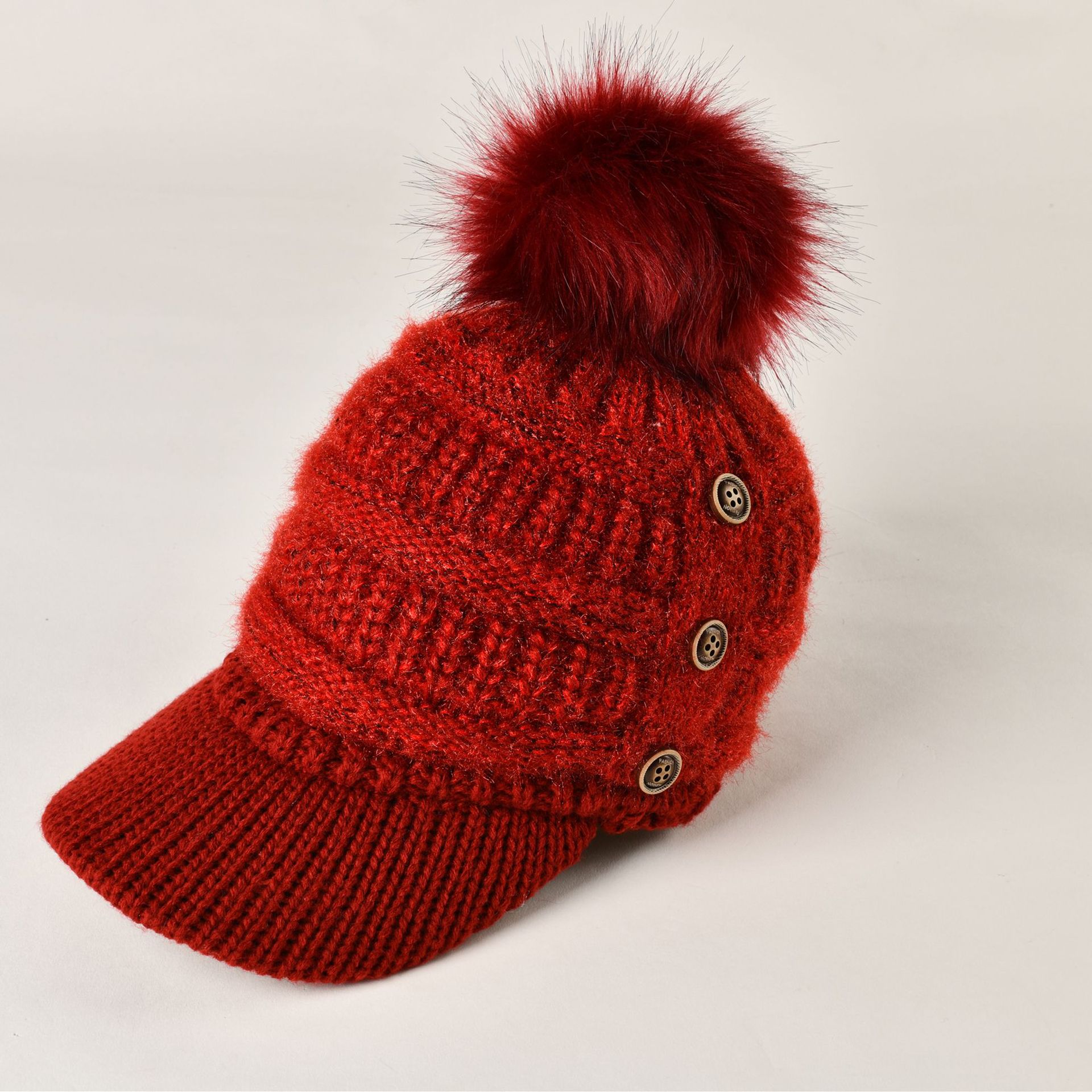 Gorro de lana con forma de bola para mujer, gorro de lana con forma de cúpula cálida, con botones, en 6 colores, para invierno y otoño: Rojo