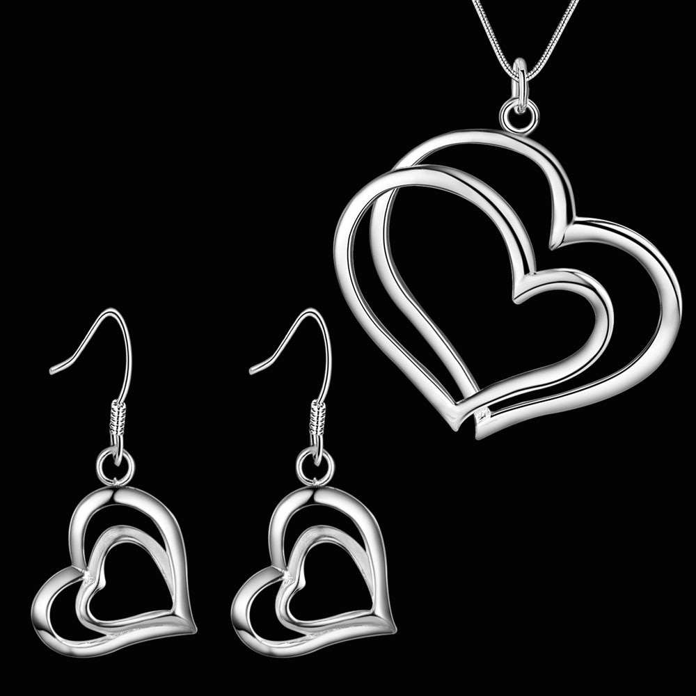 Heißer 925 Sterling Silber feine romantische Herz ohrringe halskette Schmuck-einstellen für frauen Party hochzeit mädchen Paare