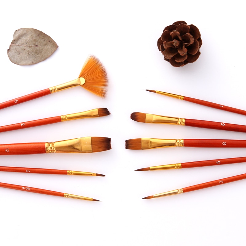 Juego de pinceles de nailon para pintura, suministros de arte , varilla corta, aceite, acrílico, pluma de acuarela, 10 unids/lote