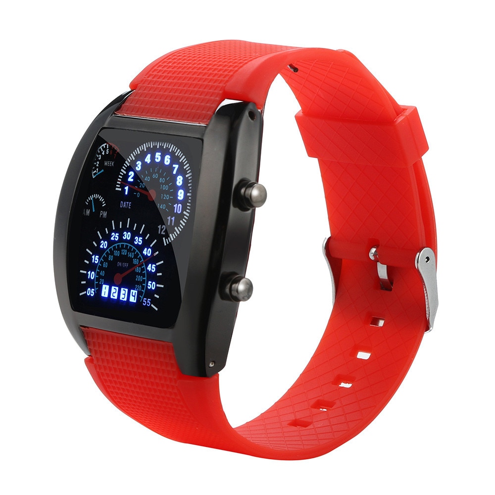watch men LED Light Flash Turbo Speedometer Sports Car Dial Meter Watch Luxury watch chargeable Relogio Masculino: Red B