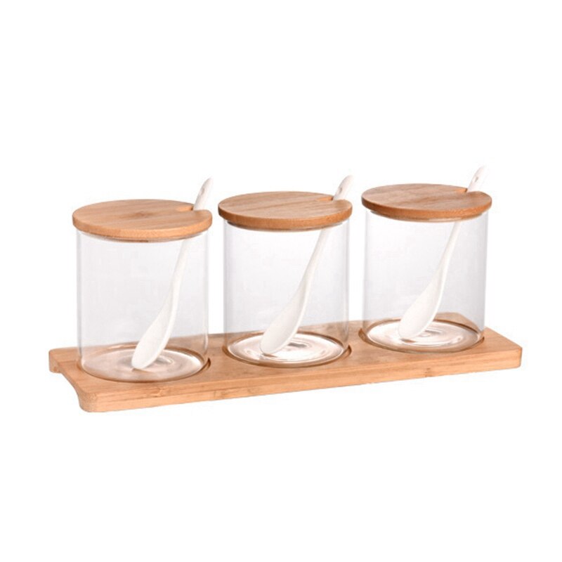 3Pcs/Set Glass Spice Jar With Spoon Spice Container Organizer Seasoning Cans Pepper Shaker Storage Box With Tray Kitchen